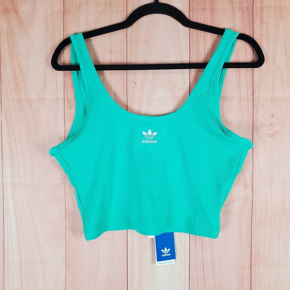 Adidas Womens Cropped Tank Top Medium Green Cotton Trefoil Round Neck HS4302